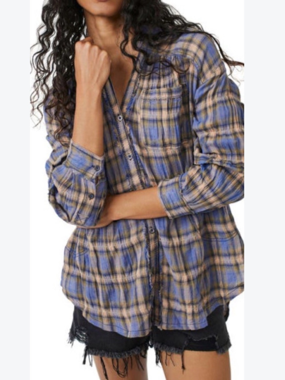 We The Free One of the Boys Plaid Tunic Shirt Blue Yellow Cotton Womens M